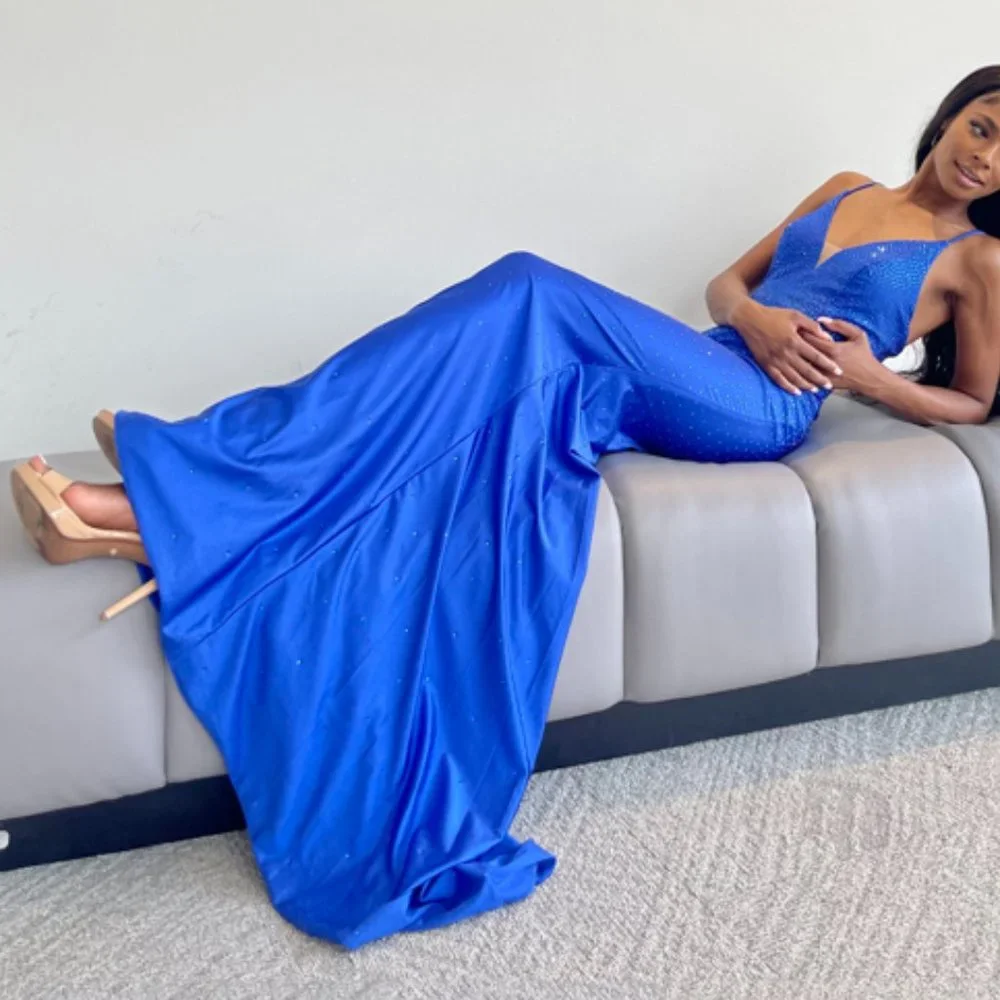 ROYAL BLUE  OPEN BACK BEADED SLEEVELESS PROM PARTY SHEATH LONG GOWN DRESS A390